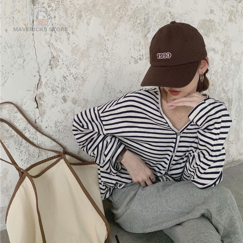 Áo cardigan cổ chữ V dáng rộng họa tiết kẻ sọc phong cách Hàn Quốc thời trang mùa hè cho nữ