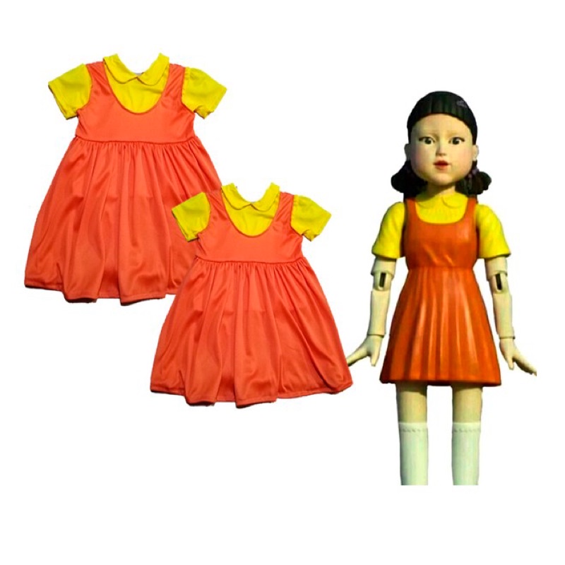 bộ váy nhân vật búp bê trò chơi con mực, váy trò trốn tìm trò chơi con mực, váy cosplay trò chơi tron mực cho bé gái