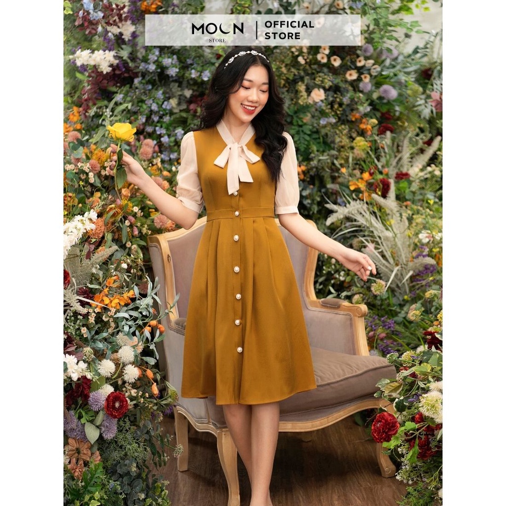 Váy công sở nữ dáng dài tay phối tơ tôn dáng tôn da BV211 MOON STORE