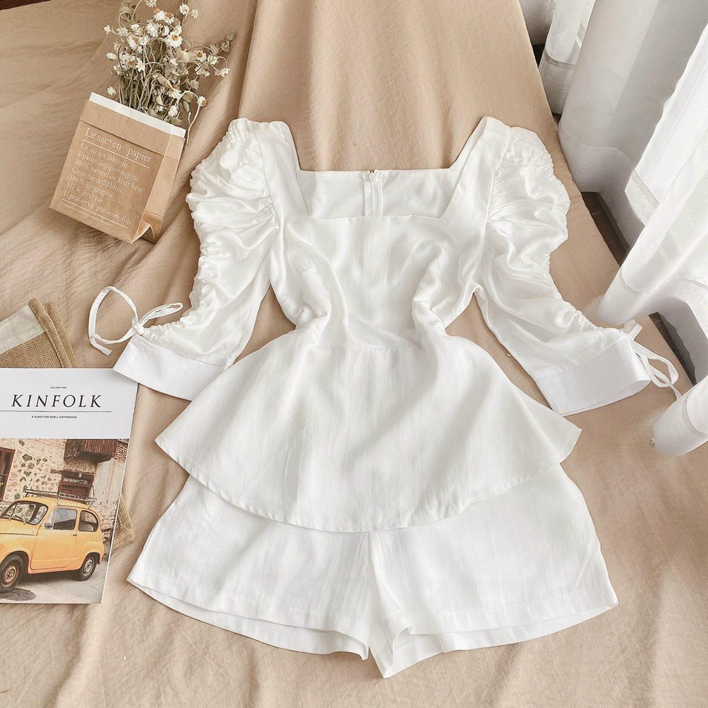 Set áo peplum cổ vuông rút dây tay + quần short