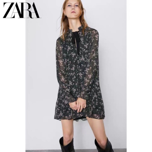 Đầm ZARA hoa nhí xanh trầm cổ nơ kín đáo xinh đẹp DH1XG5N5