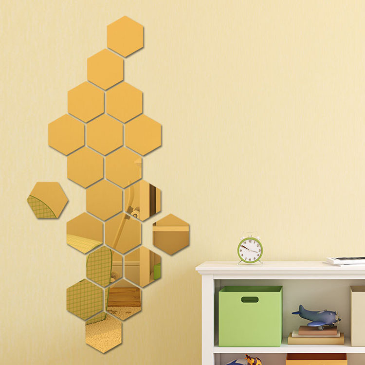 Set 6 nhãn dán acrylic hiệu ứng gương 3D hình lục giác trang trí tường hiện đại