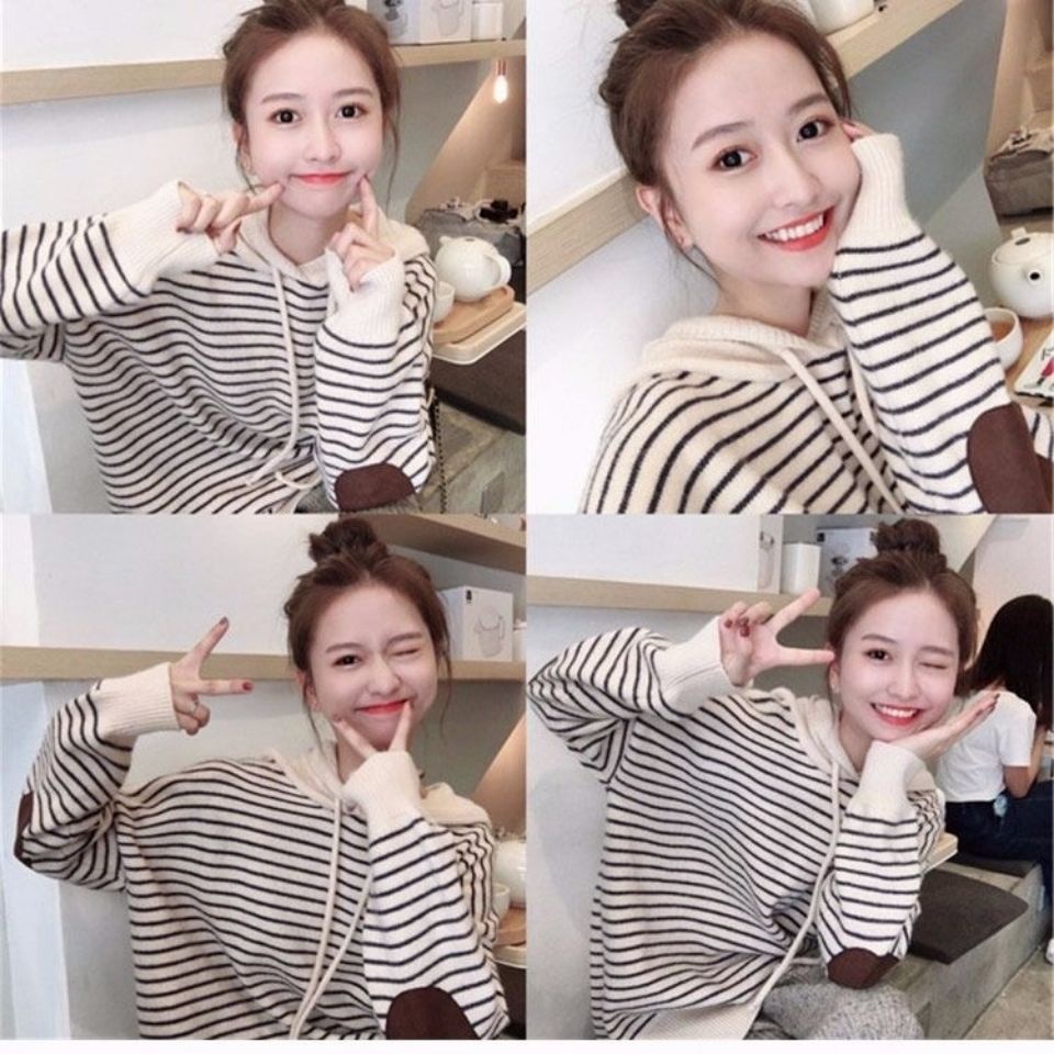 Áo Hoodie dệt kim dáng rộng kẻ sọc ngang phong cách Hàn Quốc ngọt ngào