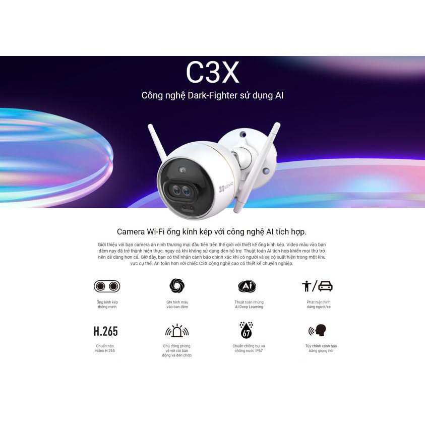 Camera Wifi C3X ngoài trời 2 MegaPixel - H.265 EZVIZ CS-CV310-C3-6B22WFR (C3X - 2MP) đèn chớp, có màu ban đêm