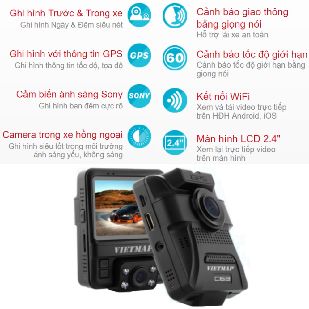 VietMap C63 - THẺ 32GB - Camera Hành Trình Ô tô Ghi Hình Trước Và Trong Xe - Hàng Chính Hãng