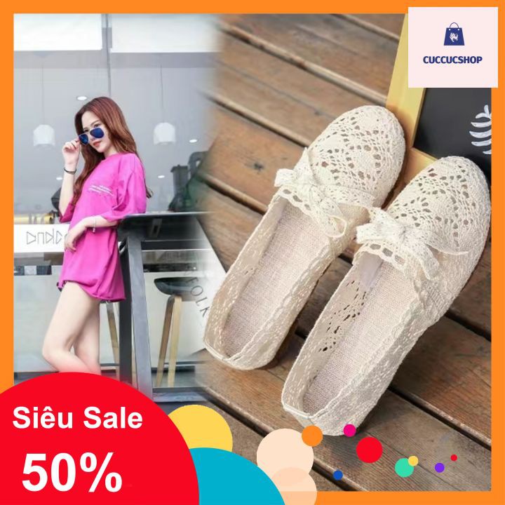 (Hàng sẵn) Giày búp bê ren lưới gắn nơ đế bằng