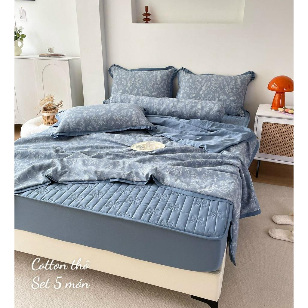 Bộ chăn ga gôi cotton đũi nhập khẩu, set 5 món chăn trần hè, ga trần bọc đệm cao từ 5cm đến 30cm mềm mát thấm hút mồ hôi