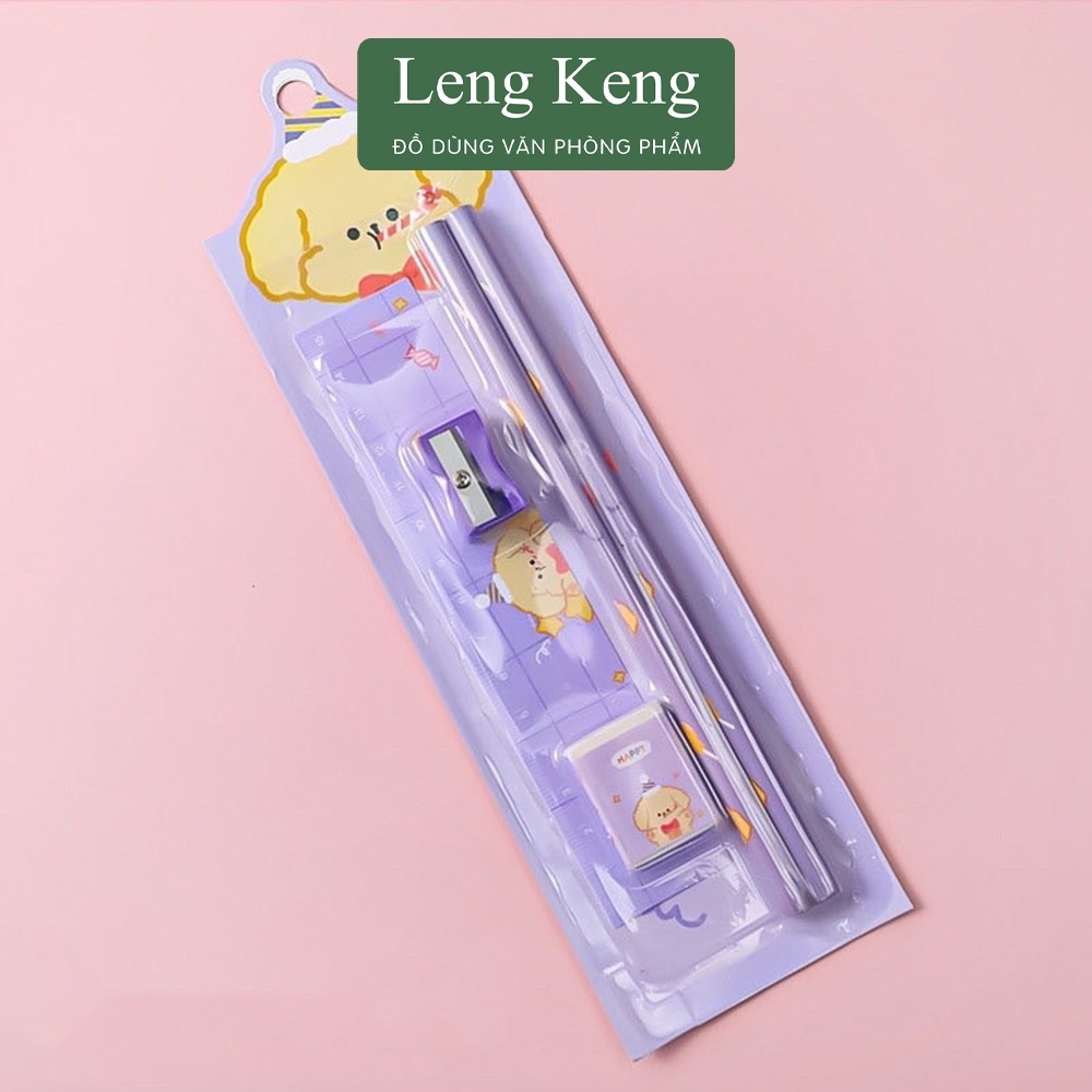 Bộ 5 dụng cụ học tập gồm bút chì, tẩy, thước, đồ chuốt văn phòng phẩm Leng Keng B43