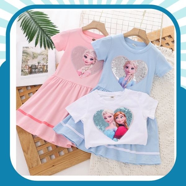 Váy Elsa ngắn tay chất cotton đính Sequin lấp lánh cho bé gái