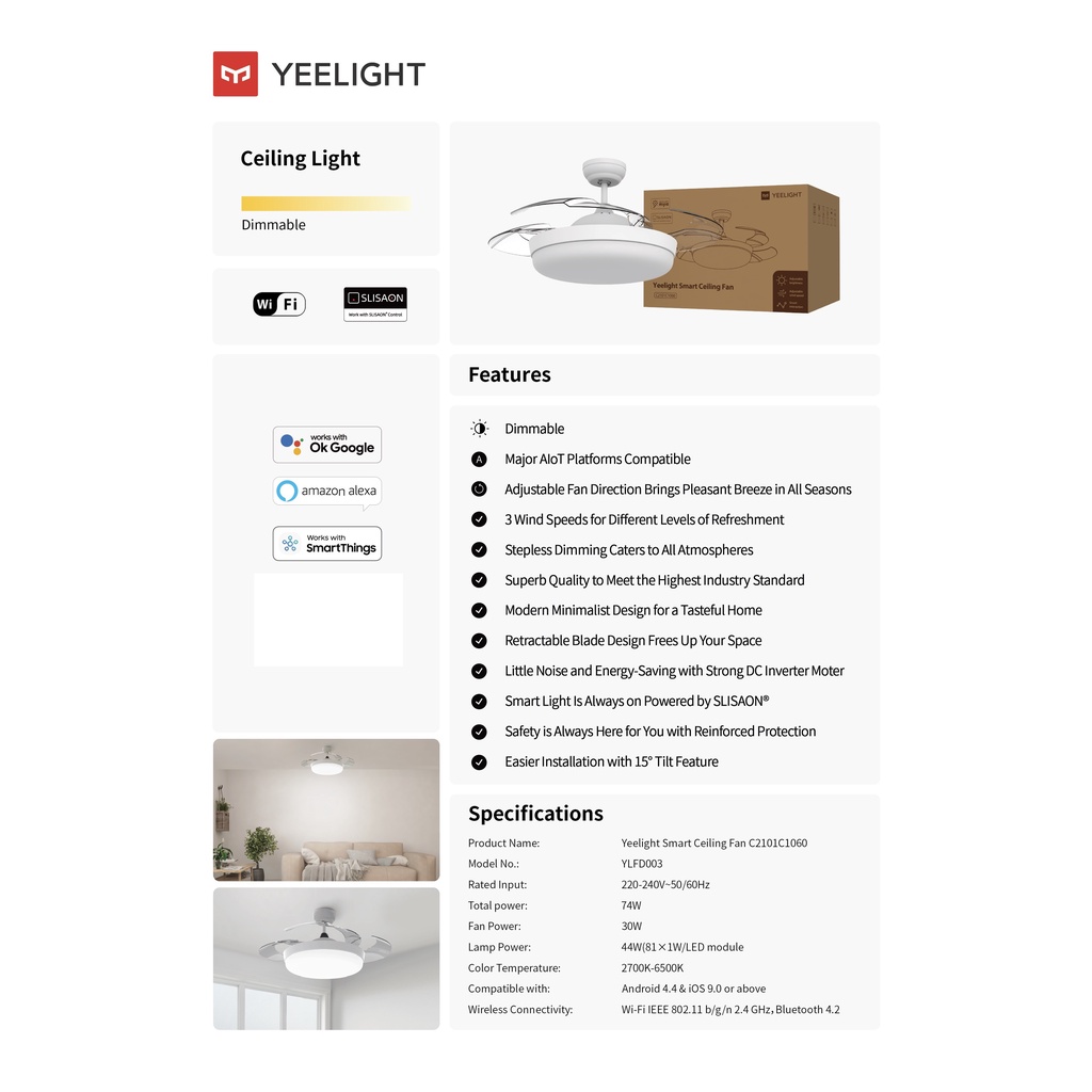 [Bản quốc tế] Đèn trần Kiêm Quạt Vô Hình YEELIGHT C2101C1060, Kết nối app Mi Home, Cánh quạt trong suốt.