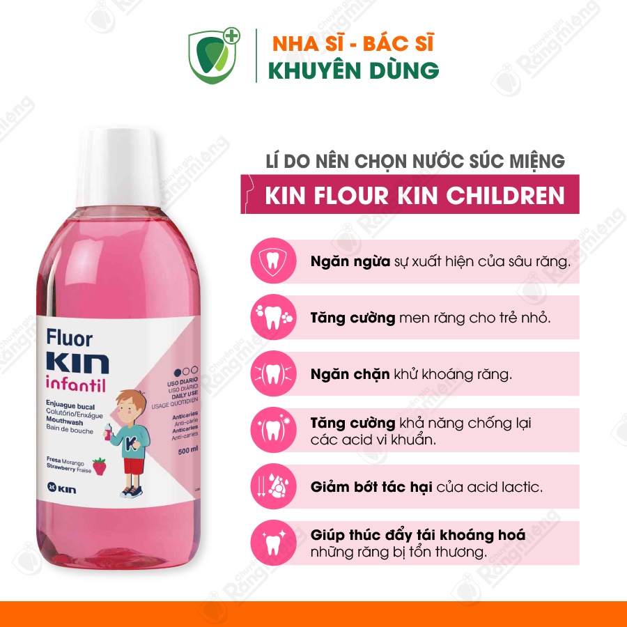 Nước súc miệng cho bé Fluor Kin Infantil, Ngăn ngừa Sâu răng, Hương Dâu, Dùng cho trẻ trên 5 tuổi, Chai lớn 500ml