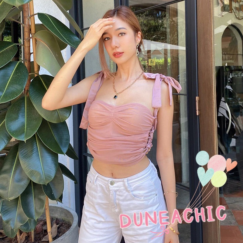 DUNEA Áo Lưới Croptop Xếp Li Hở Lưng Phong Cách Đường Phố Mùa Hè Cho Nữ