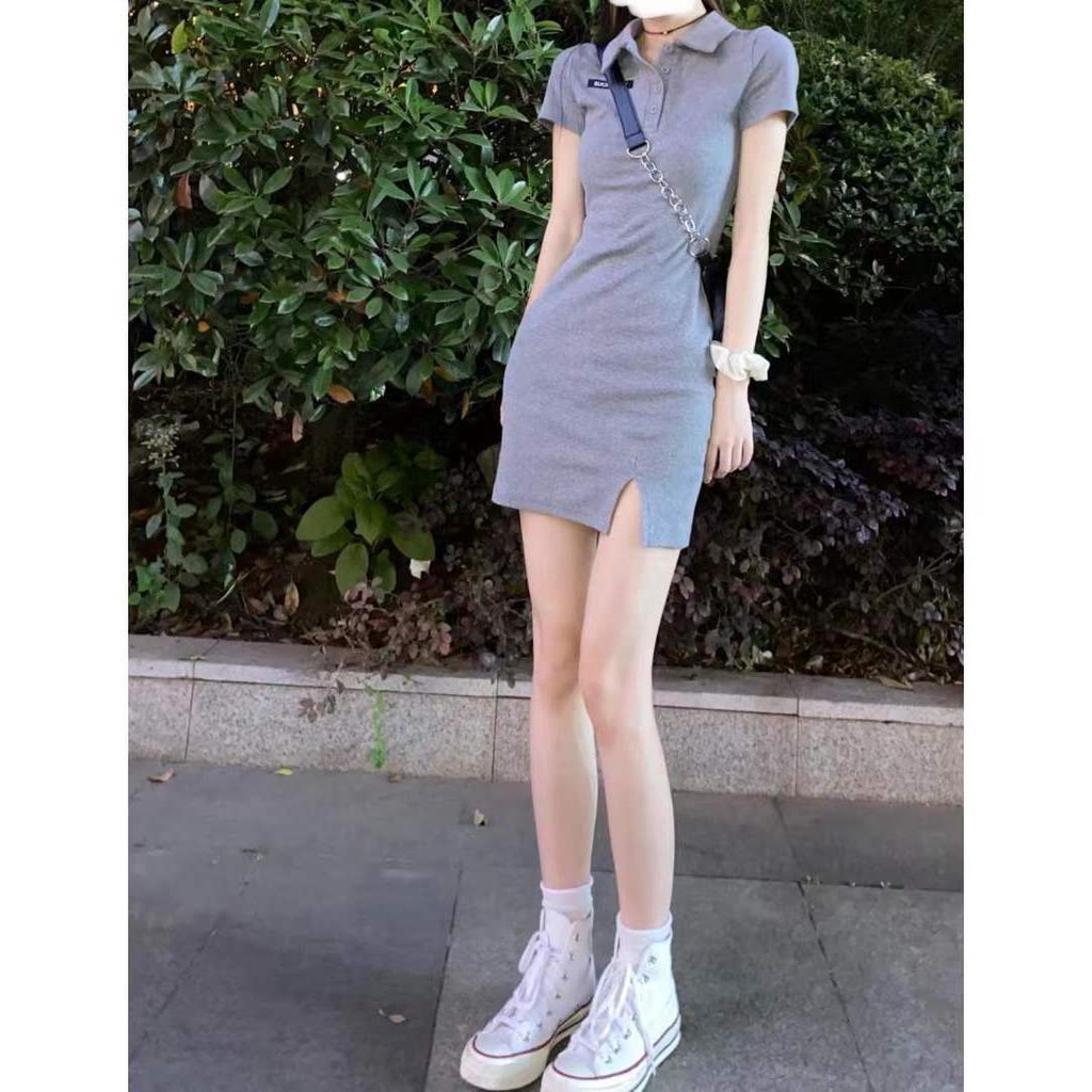 AMOI Đầm Ngắn Cổ Polo Xẻ Tà Dáng Ôm Thời Trang Mùa Hè Quyến Rũ Cho Nữ