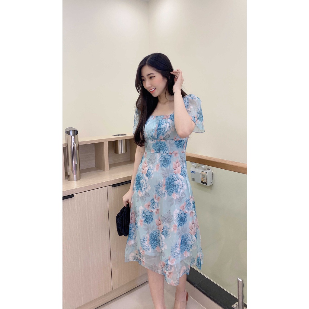 đầm váy nữ thiết kế cổ vuông tay phòng dáng xòe trẻ trung