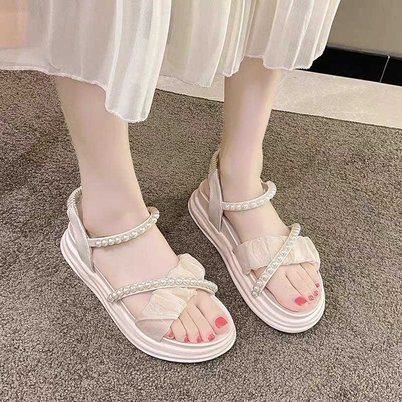 Xăng đan nữ quai ngọc phối ren, Sandal nữ sang chảnh mẫu mới - PinkOri
