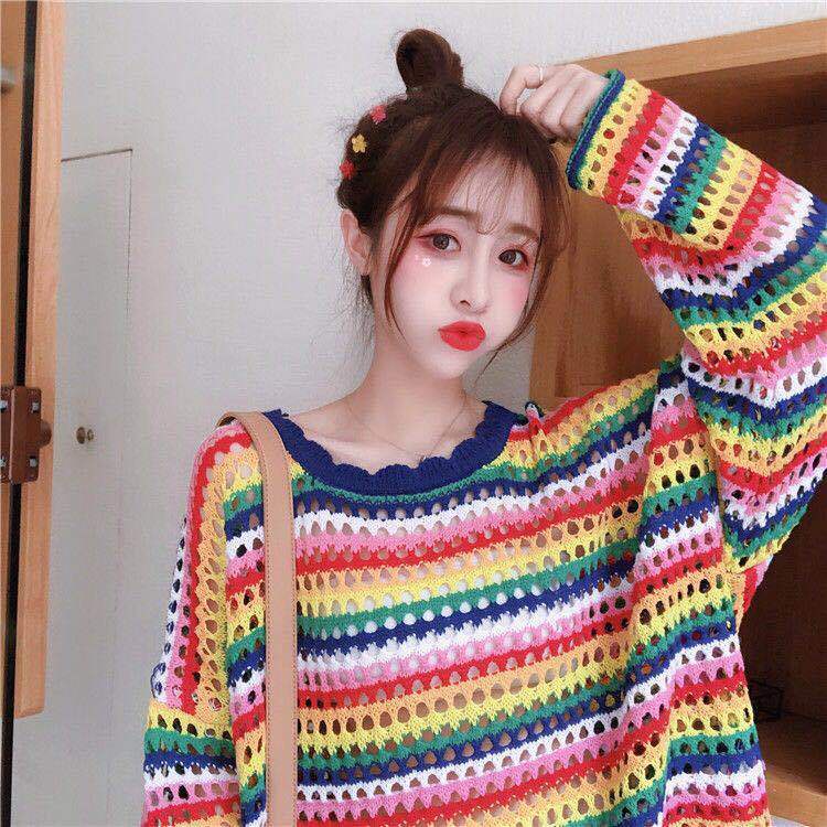 Áo Sweater Tay Dài Dáng Rộng Họa Tiết Kẻ Sọc Thời Trang Thu Đông Hàn Quốc Mới