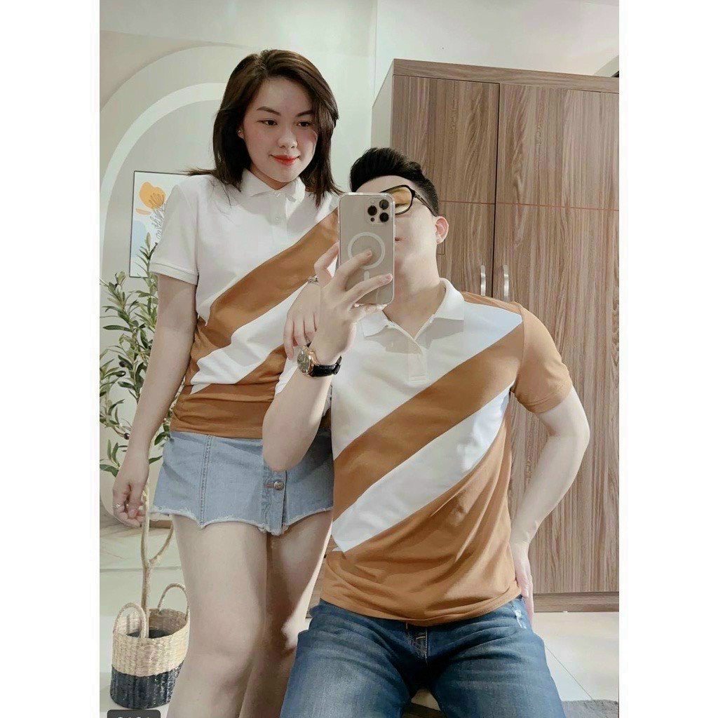 Áo polo nam nữ phối họa tiết sọc chéo sắc nét
