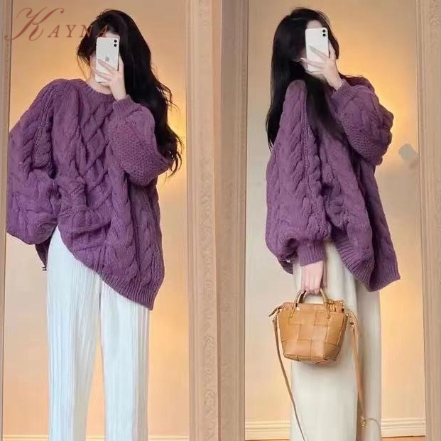 Áo sweater KAYNA Dáng Rộng Mềm Mại Màu Tím Phong Cách retro Nhật Bản Thời Trang Thu Đông 2022 Cho Nữ