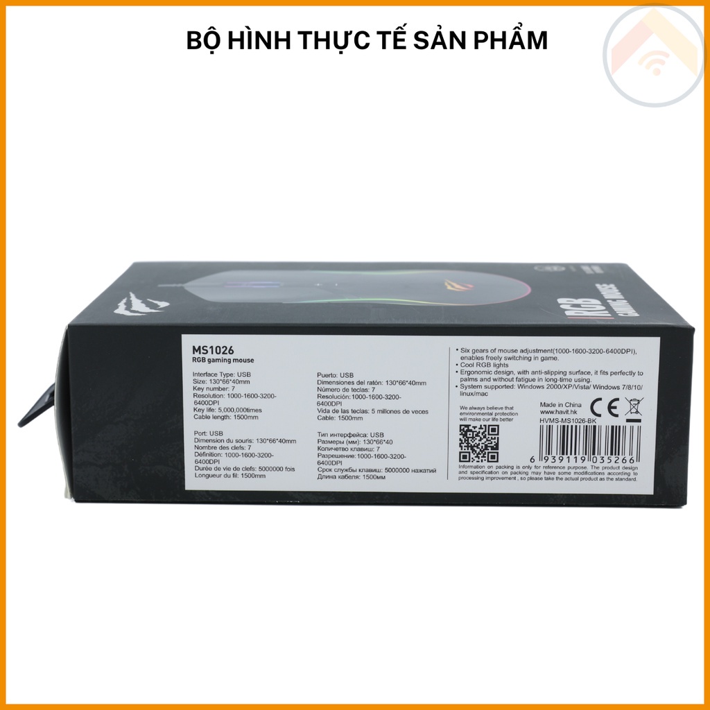 Chuột Gaming có dây HAVIT GAMENOTE MS1026 đèn LED RGB độ nhạy  4 cấp lên đến 6400dpi Cổng USB Đen
