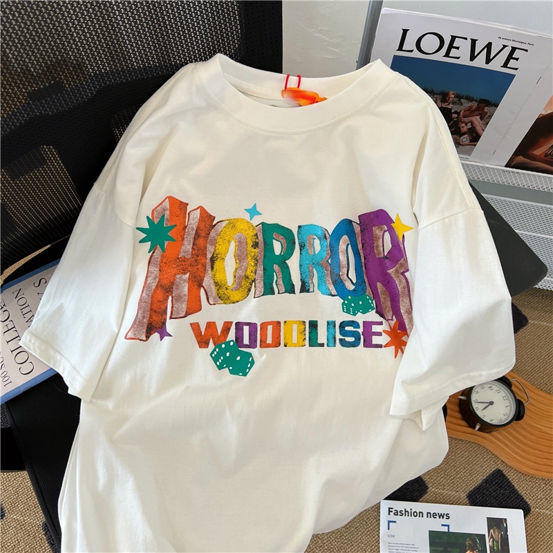 Áo Thun Nữ Ngắn Tay Cổ Tròn In Chữ Phong Cách Hàn Quốc Mới