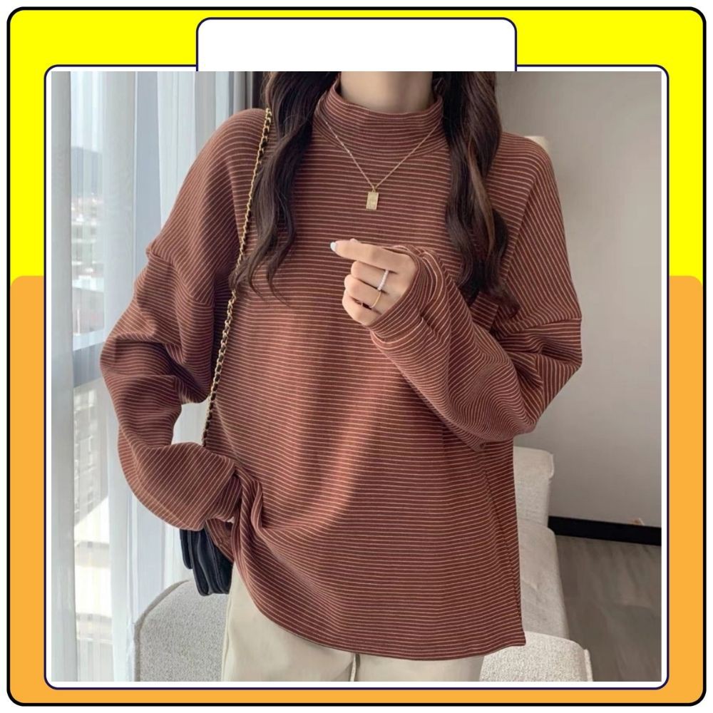 Áo nỉ sweater kẻ cổ lọ , áo len kẻ ngang cổ cao tay bồng cá tính năng động Queenshop