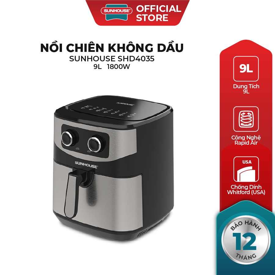 Nồi chiên không dầu 9L Sunhouse SHD4035 dung tích 9L chiên nướng được lượng lớn thức ăn | Chống dính cao cấp, an toàn