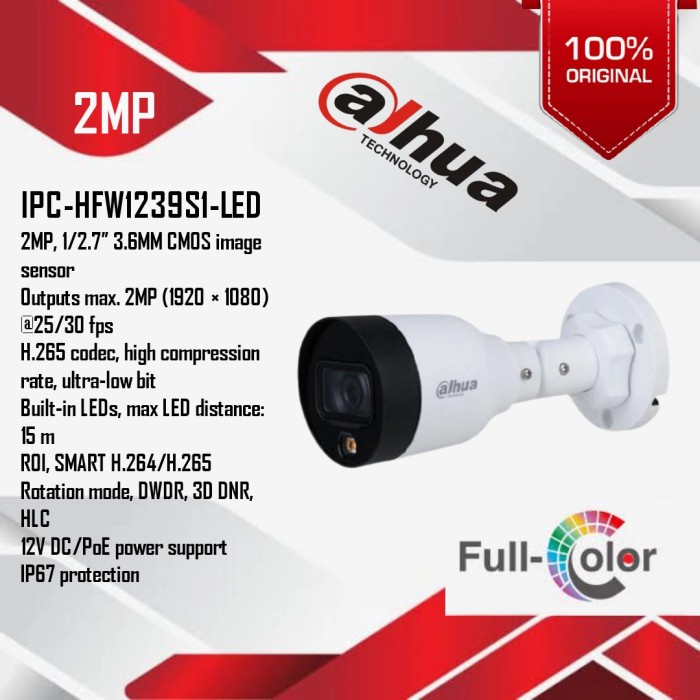 Camera IP có màu ban đêm 2MP DAHUA IPC-HFW1239S1-LED-S5, thân trụ (chính hãng)