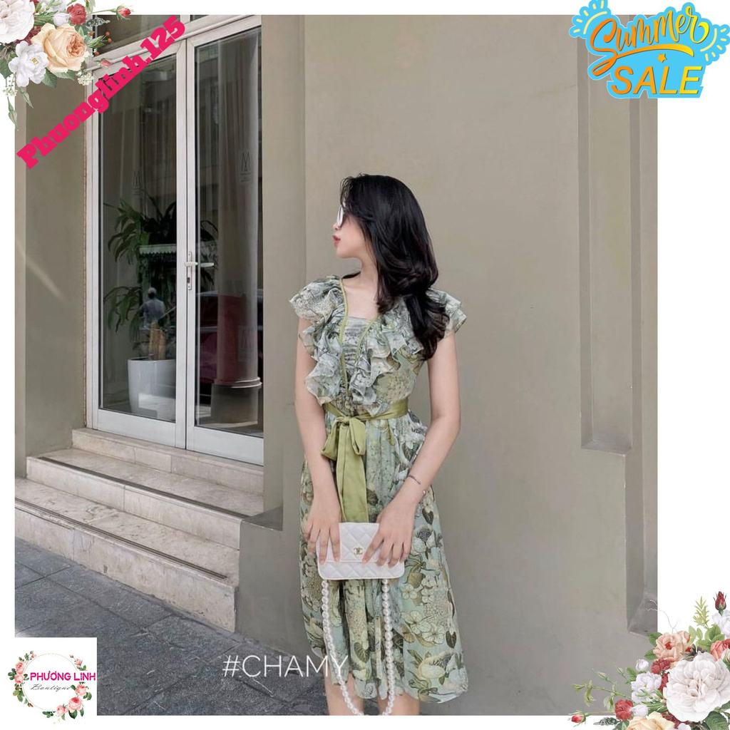 VÁY HOA LÁ NƠ LỤA CỔ BÈO KÈM ĐAI | BigBuy360 - bigbuy360.vn