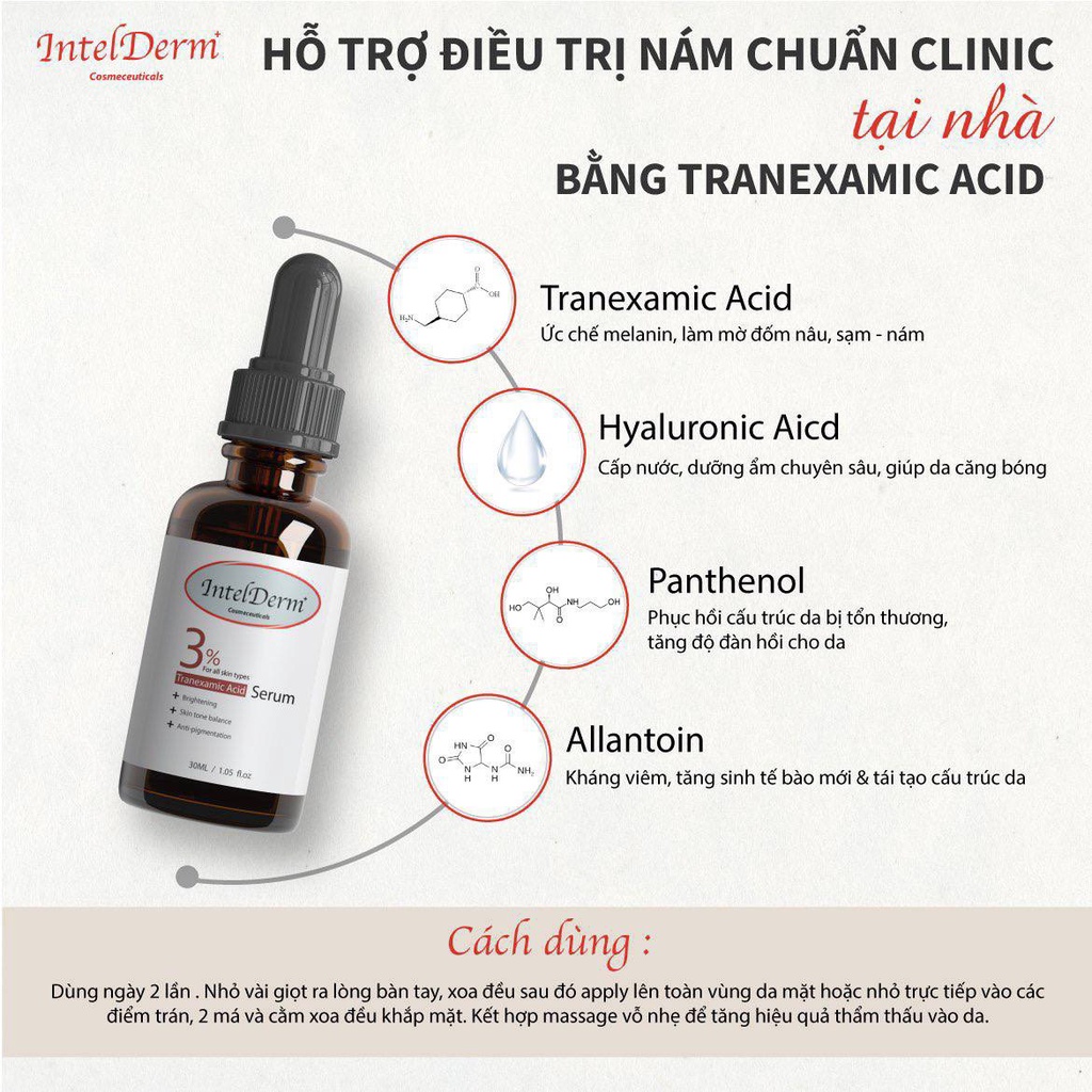 Serum cấp ẩm phục hồi và sáng da IntelDerm 3% Tranexamic Acid Serum 30ml - 5ml