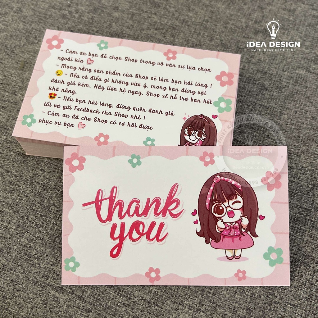 Card Cám Ơn, Card Thank You, Thiệp Cám Ơn - Size 9x5,4cm - Giấy C300 Cán Màng Mờ Hình Cô Gái Siêu Dễ Thương