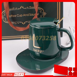 Cốc Cafe Bằng Gốm – Cốc Sứ Xanh Viền Vàng – Cốc Pha Trà Kèm Đế Hâm Nóng Tặng Thìa Mạ Vàng