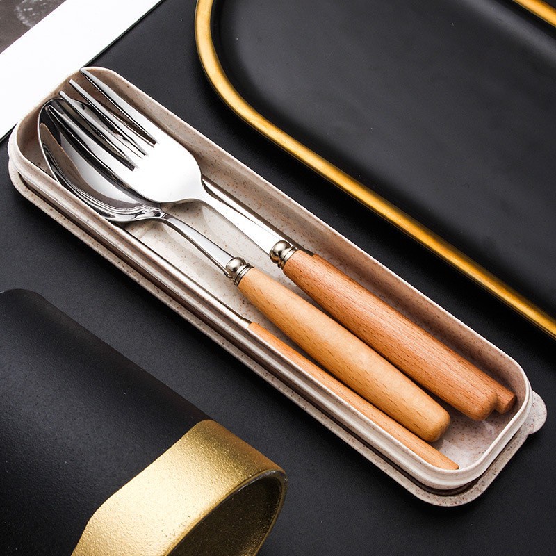 Bộ thìa đũa cá nhân bằng inox Cao cấp cán gỗ sang trọng, Bộ đũa thìa hộp đựng bằng lúa mạch an toàn tiện lợi