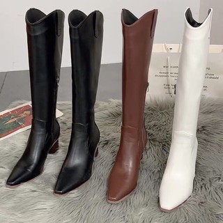 Boots cao bồi nữ mũi nhọn cổ cao dưới đầu gối gót vuông 7cm có khoá sườn
