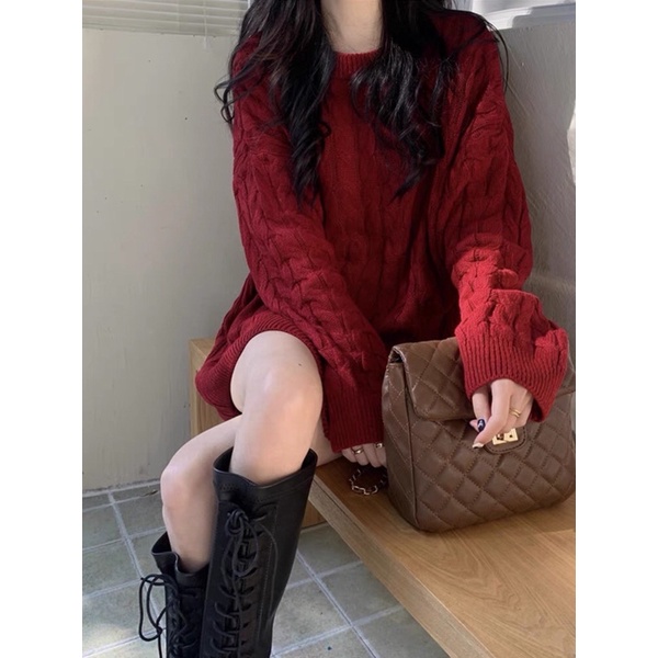 Áo len nữ đỏ vặn thừng dáng rộng oversize hot ulzzang