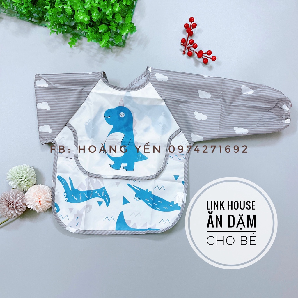 Áo yếm ăn dặm dài tay cao cấp chống thấm nước, có máng chứa thức ăn rơi trước ngực