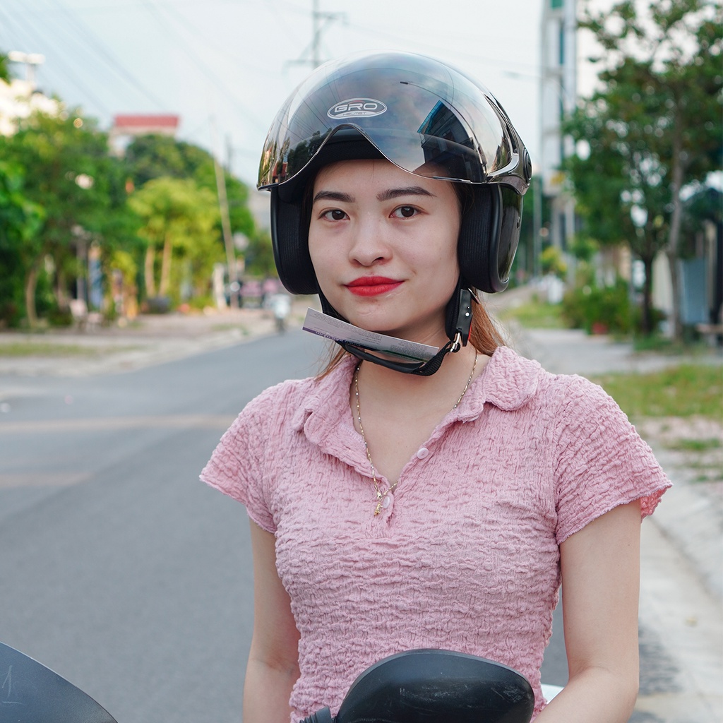 Mũ Bảo Hiểm 3/4 đầu GRO Helmet T818 có kính ngắn che nửa mặt, kiểu dáng thời trang cho nữ, khóa kim loại - Đen Bóng