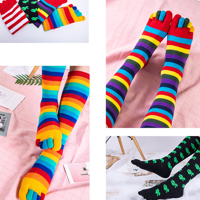 Youyo Vớ Cotton Co Giãn Thoáng Khí 5 Ngón Bắp Chân Họa Tiết Sọc Cầu Vồng Đầy Màu Sắc Dành Cho Bạn Nữ
