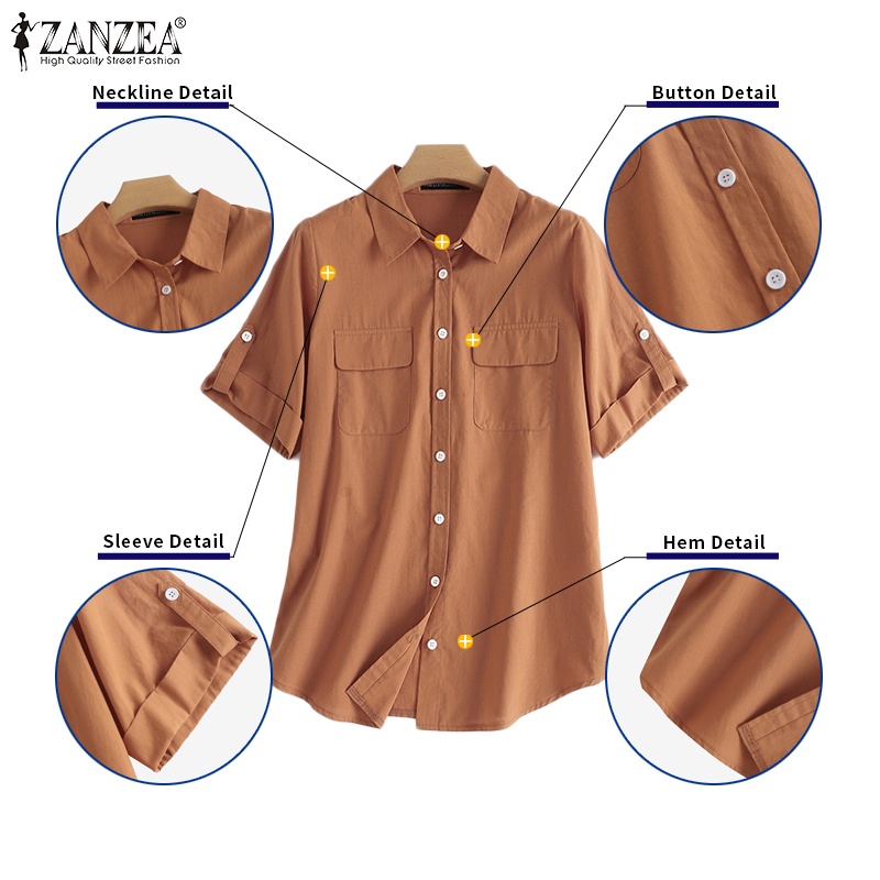 Zanzea Áo Sơ Mi Tay Ngắn Cổ Bẻ Có Túi Trước Thời Trang Dành Cho Nữ