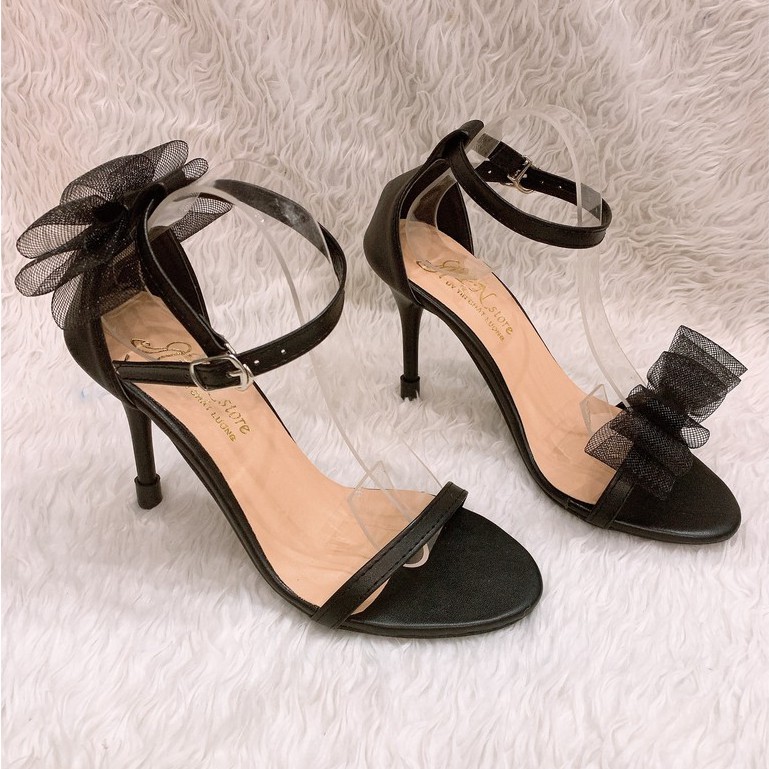 [Ảnh thật phía sau] Giày cao gót nhọn 9cm quay nơ lưới đen __LZ008