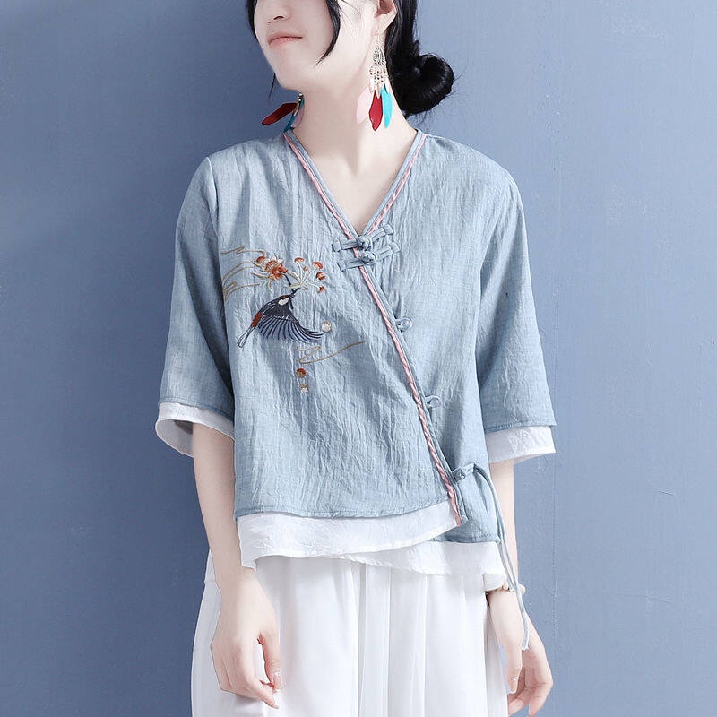 Áo Sơ Mi Cotton Lanh Sát Nách Cổ Chữ V Thêu Họa Tiết Hoa Và Chim Thời Trang Cho Nữ