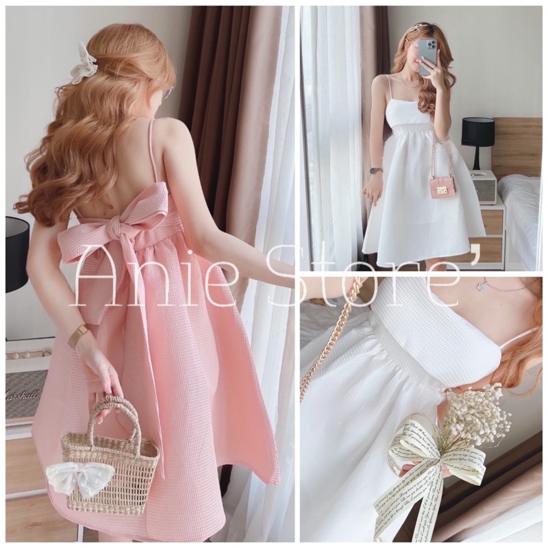 Đầm 2 Dây Nữ Nơ Lưng Vải Xốp 🦋 Váy Nữ Hở Lưng Dáng Xòe 4 Màu 🦋