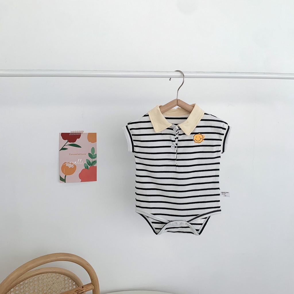 Bộ Áo Liền Quần Cổ Bẻ In Hình Mặt Cười Cho Bé Trai &amp; Gái Sơ Sinh