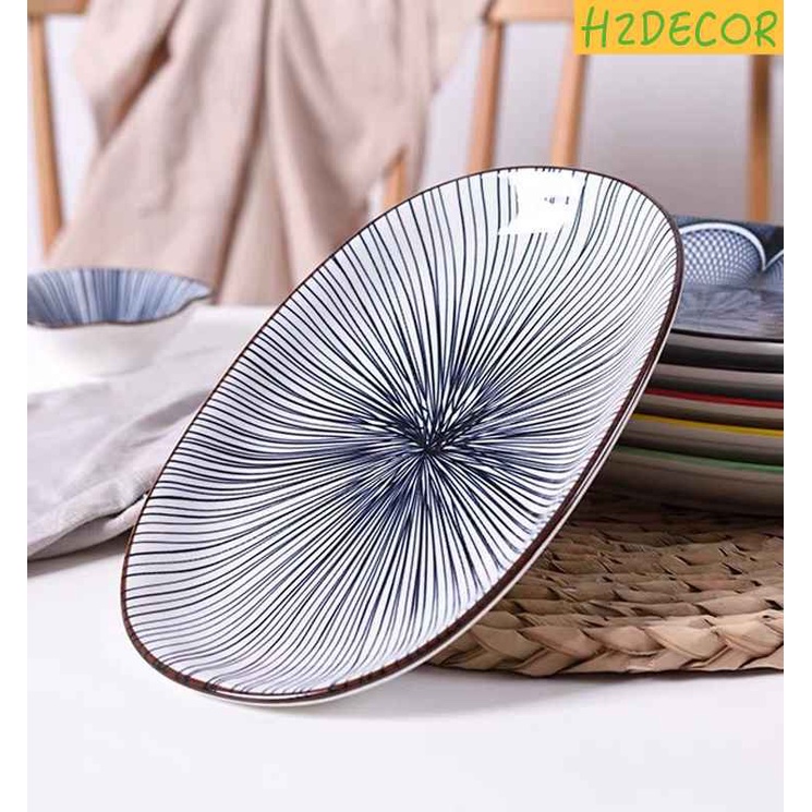 Đĩa bầu dục 12 inch hoạ tiết sọc xanh phong cách Nhật Bản - H2DECOR