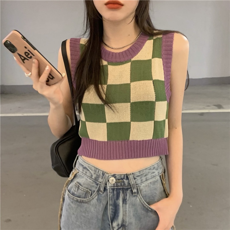 Porozi Áo croptop dệt kim không tay họa tiết sọc caro thời trang Hàn Quốc