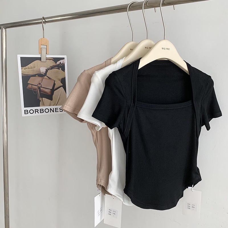 Áo Thun Tay Ngắn Cổ Vuông Dáng Ôm Thời Trang Mùa Hè Xinh Xắn Cho Nữ