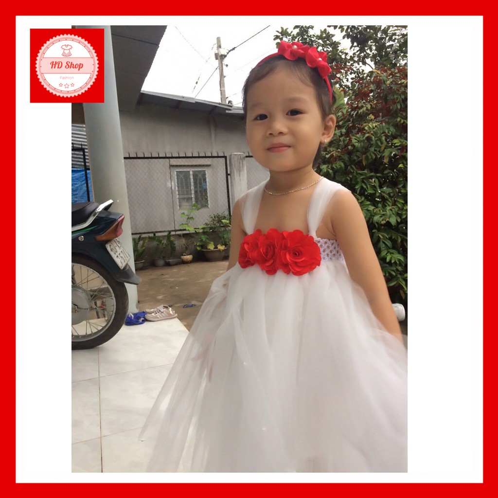 Váy tutu cho bé ❤️FREESHIP❤️ Váy tutu trắng hoa hồng đỏ đính đá cho bé gái