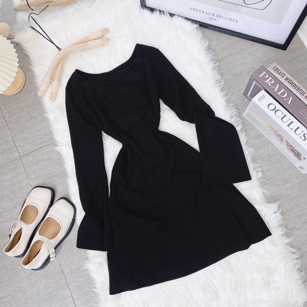 ĐẦM BODY ĐEN CUTOUT DÂY CHÉO LƯNG TAY LOE