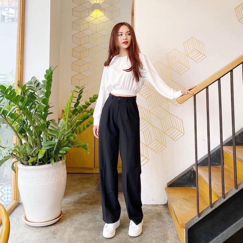 Quần ống rộng suông nữ lưng cao khóa trước vải tuyết mưa mềm dáng quần tây nữ ống rộng đi học biển làm công sở cạp cao
