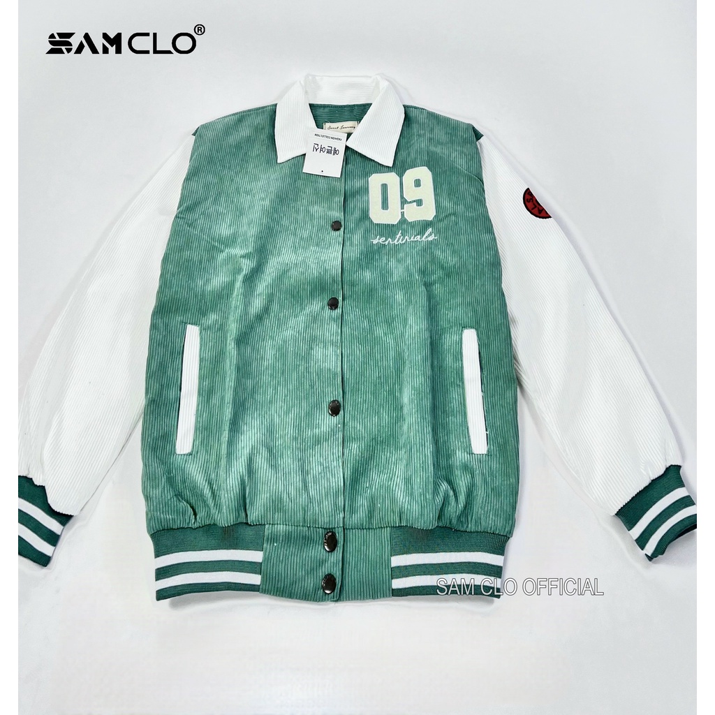 Áo khoác NHUNG bomber CÀI NÚT freesize SAM CLO form rộng nam nữ unisex mặc cặp - couple CÓ CỔ thêu số 09