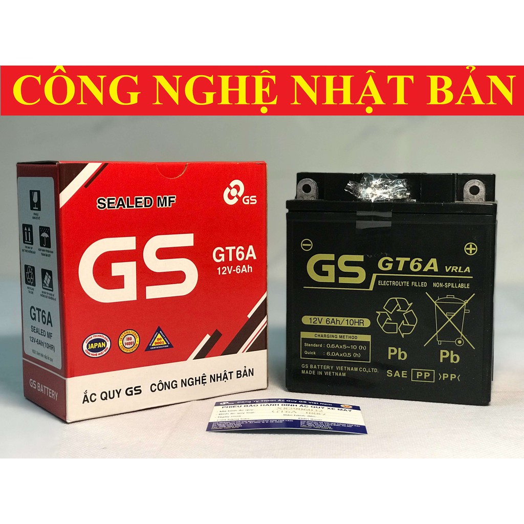 Bình Ắc Quy Khô GS GT6A Dream, Wave alpha tới 2005, Future Đầu, Sirius không Fi, Jupiter không Fi, Taurus, Mio (12V-6Ah)